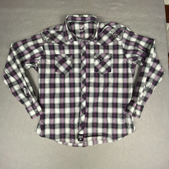Rock 47 by Wrangler Shirt Men's XXL LS Plaid Pattern W Embroidering & Snaps - Picture 1 of 10